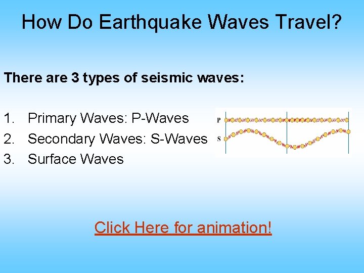 How Do Earthquake Waves Travel? There are 3 types of seismic waves: 1. Primary