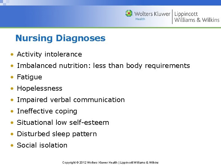 Nursing Diagnoses • Activity intolerance • Imbalanced nutrition: less than body requirements • Fatigue