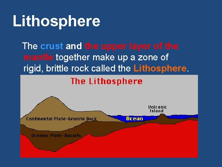 Lithosphere The crust and the upper layer of the mantle together make up a
