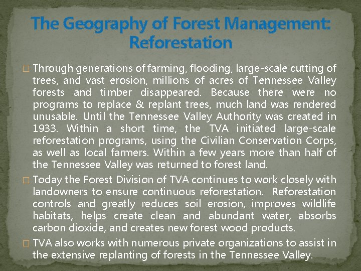 The Geography of Forest Management: Reforestation � Through generations of farming, flooding, large-scale cutting