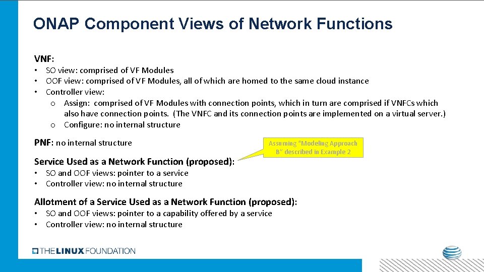 ONAP Component Views of Network Functions VNF: • SO view: comprised of VF Modules