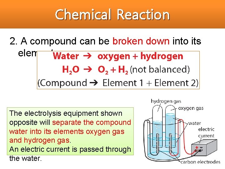 Chemical Reaction 2. A compound can be broken down into its elements. The electrolysis