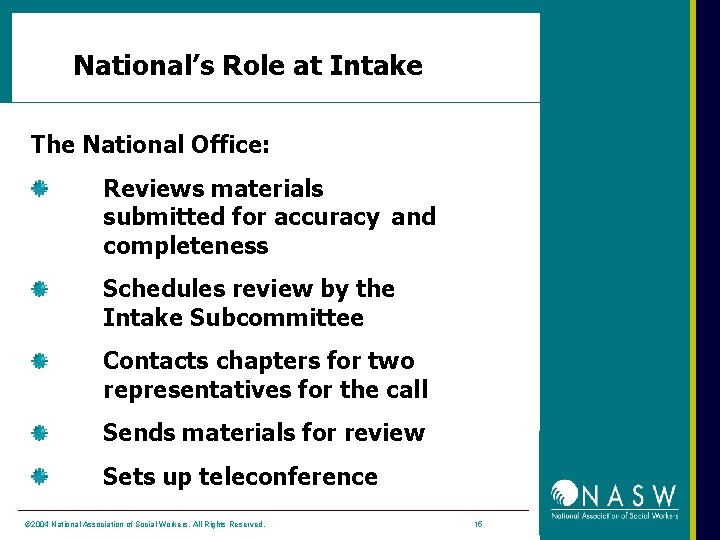 National’s Role at Intake The National Office: Reviews materials submitted for accuracy and completeness