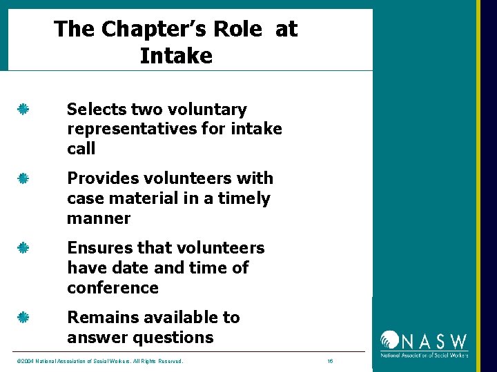 The Chapter’s Role at Intake Selects two voluntary representatives for intake call Provides volunteers