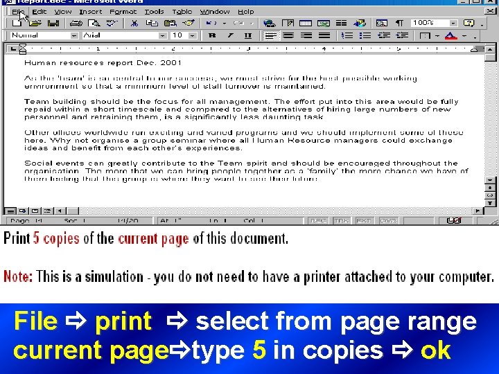 File print select from page range current page type 5 in copies ok 