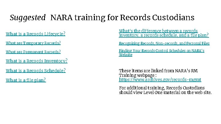 Suggested NARA training for Records Custodians What is a Records Lifecycle? What's the difference