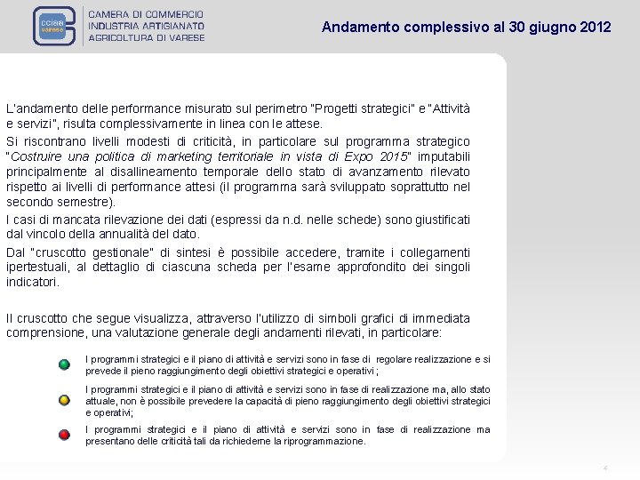 Andamento complessivo al 30 giugno 2012 L’andamento delle performance misurato sul perimetro “Progetti strategici” Andamento complessivo al 30 giugno 2012 L’andamento delle performance misurato sul perimetro “Progetti strategici”
