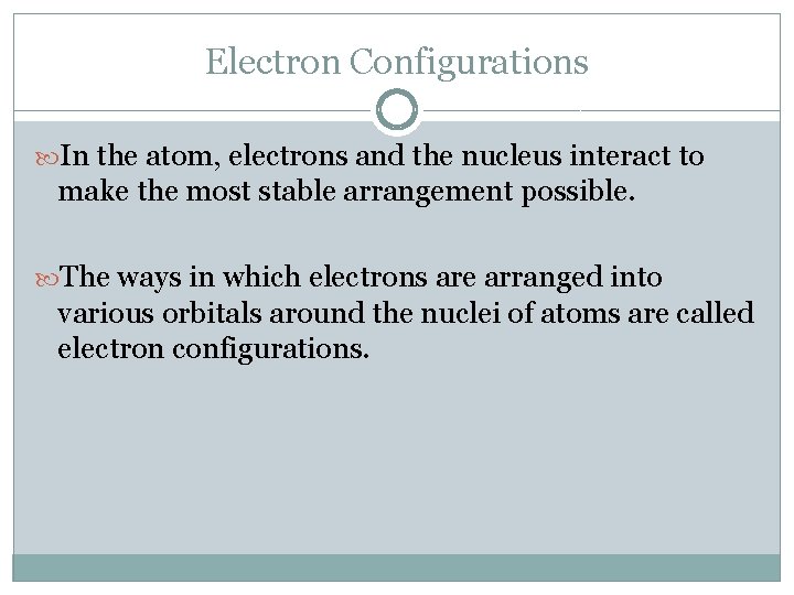 Electron Configurations In the atom, electrons and the nucleus interact to make the most