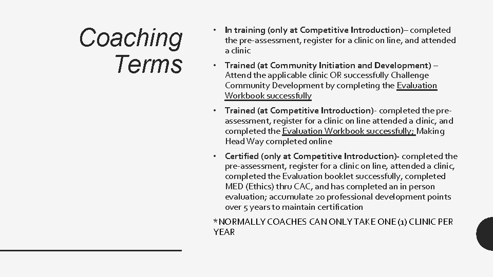 Coaching Terms • In training (only at Competitive Introduction)– completed the pre-assessment, register for