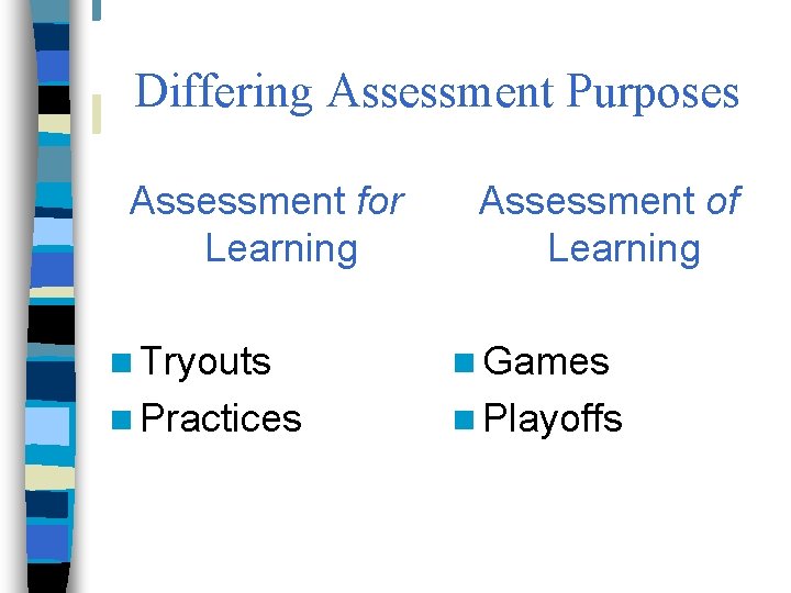 Differing Assessment Purposes Assessment for Learning Assessment of Learning n Tryouts n Games n