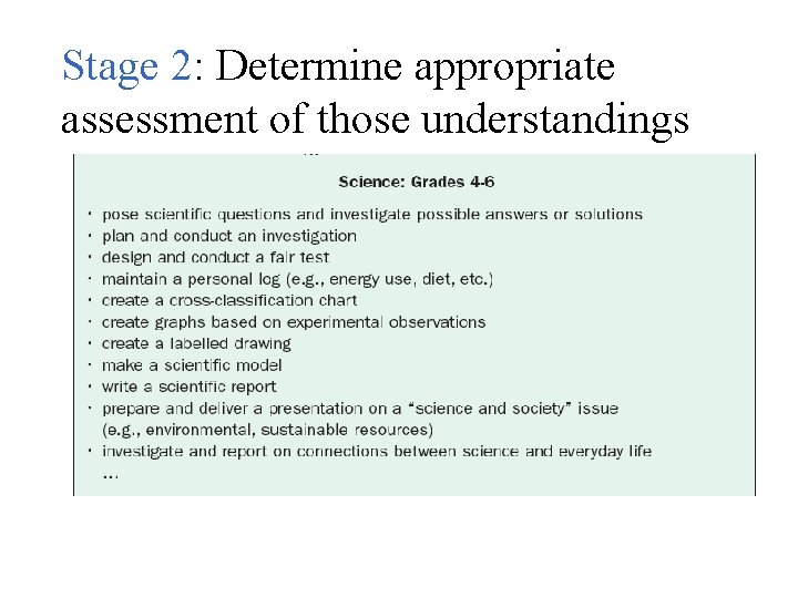 Stage 2: Determine appropriate assessment of those understandings 