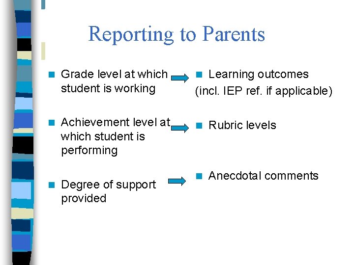 Reporting to Parents n Grade level at which student is working n n Achievement