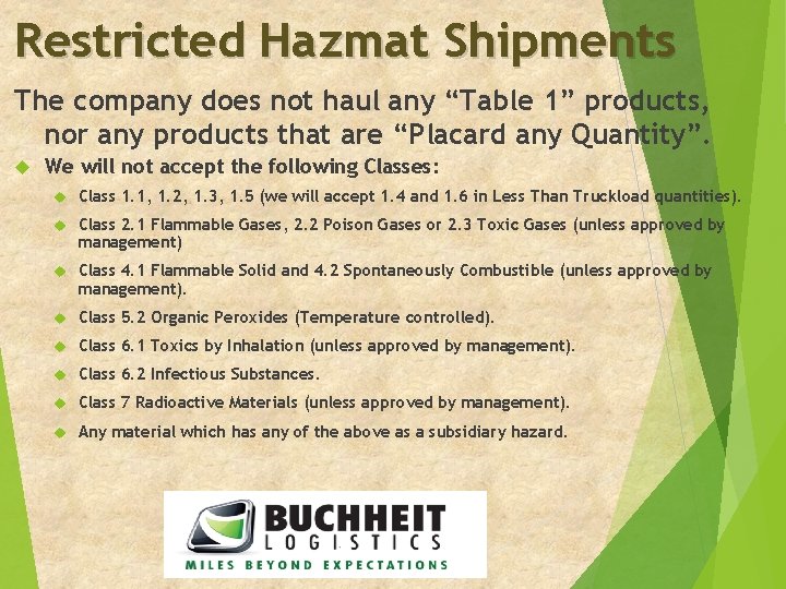Restricted Hazmat Shipments The company does not haul any “Table 1” products, nor any
