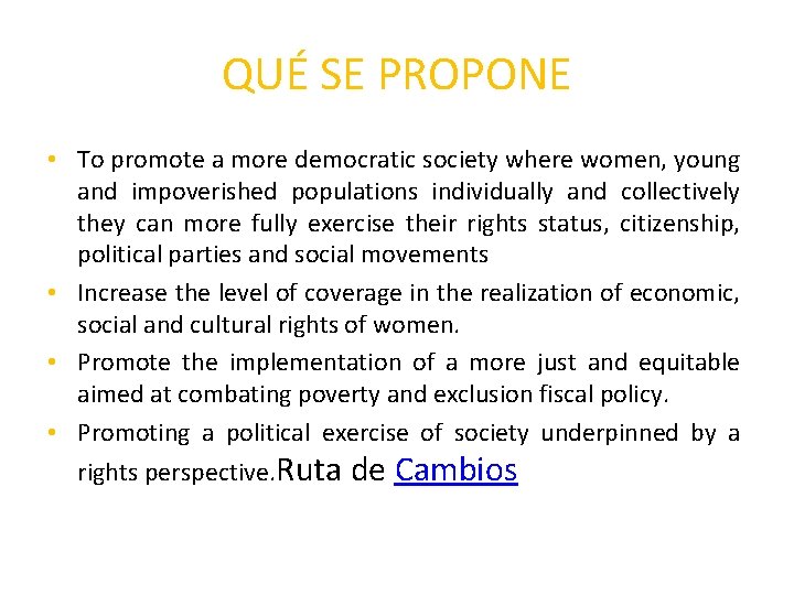 QUÉ SE PROPONE • To promote a more democratic society where women, young and