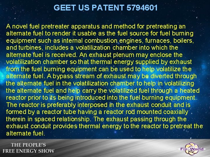 GEET US PATENT 5794601 A novel fuel pretreater apparatus and method for pretreating an GEET US PATENT 5794601 A novel fuel pretreater apparatus and method for pretreating an