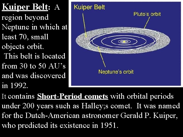 Kuiper Belt: A region beyond Neptune in which at least 70, small objects orbit.