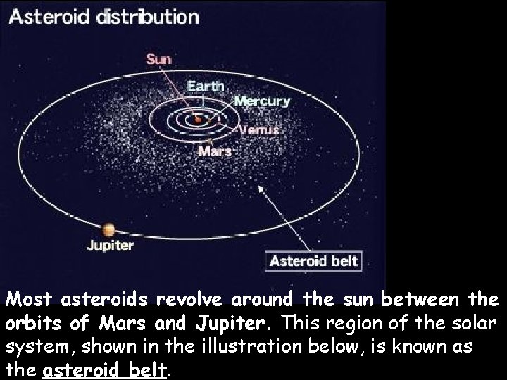 Most asteroids revolve around the sun between the orbits of Mars and Jupiter. This