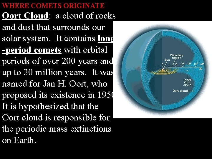 WHERE COMETS ORIGINATE Oort Cloud: a cloud of rocks and dust that surrounds our