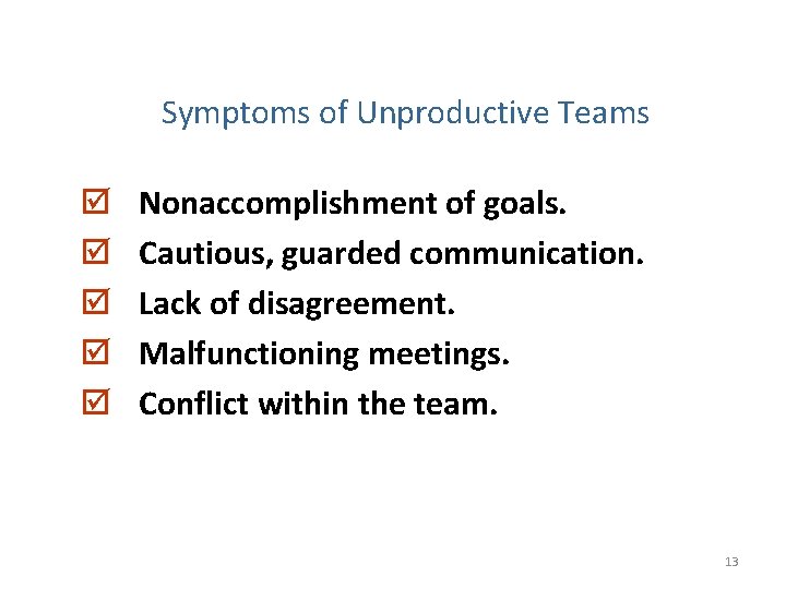 Symptoms of Unproductive Teams þ þ þ Nonaccomplishment of goals. Cautious, guarded communication. Lack