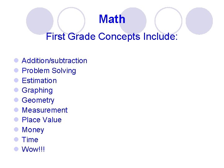 Math First Grade Concepts Include: l l l l l Addition/subtraction Problem Solving Estimation