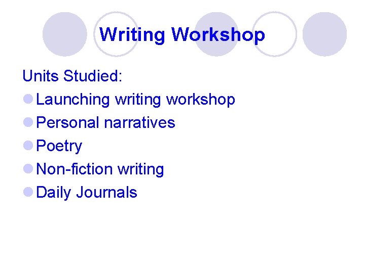 Writing Workshop Units Studied: l Launching writing workshop l Personal narratives l Poetry l