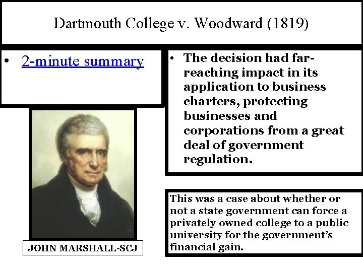 Dartmouth College v. Woodward (1819) • 2 -minute summary JOHN MARSHALL-SCJ • The decision