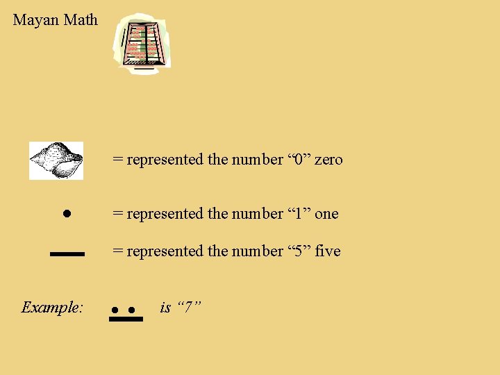Mayan Math . _ Example: = represented the number “ 0” zero = represented