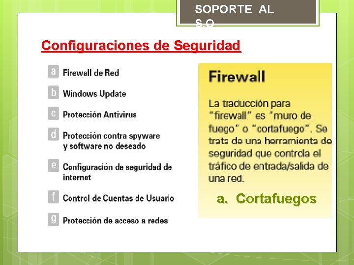 SOPORTE AL S. O Configuraciones de Seguridad a. Cortafuegos 