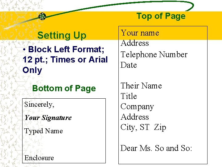 Top of Page Setting Up • Block Left Format; 12 pt. ; Times or