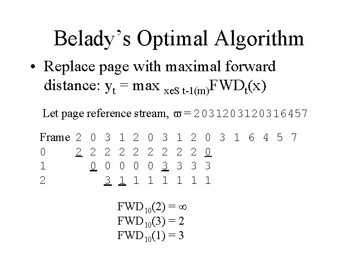 Belady’s Optimal Algorithm • Replace page with maximal forward distance: yt = max xe.
