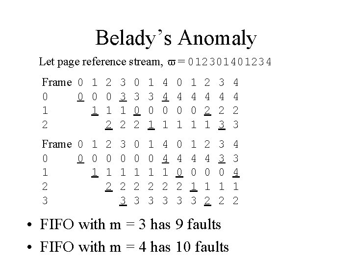 Belady’s Anomaly Let page reference stream, v = 012301401234 Frame 0 1 2 3