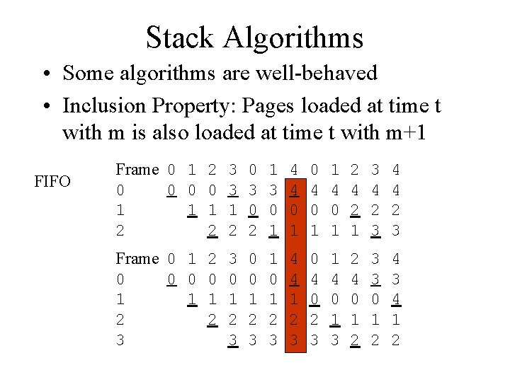 Stack Algorithms • Some algorithms are well-behaved • Inclusion Property: Pages loaded at time