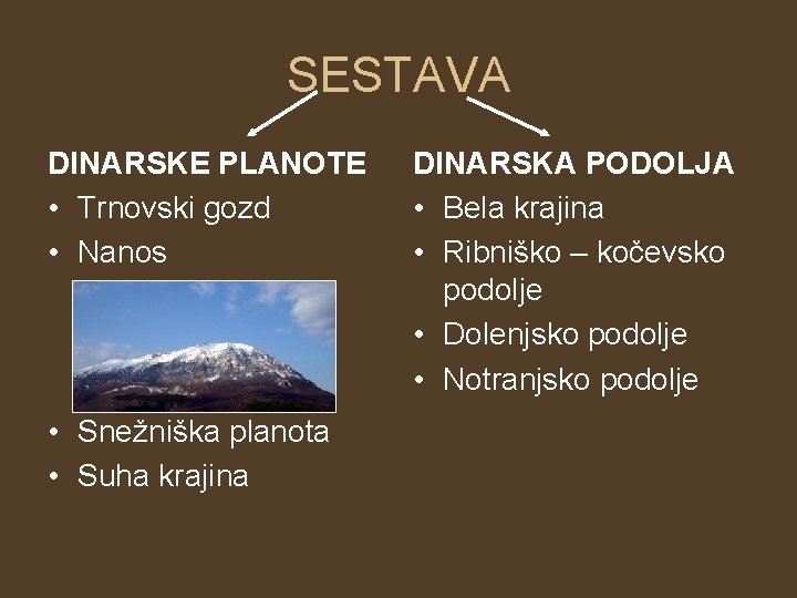 SESTAVA DINARSKE PLANOTE • Trnovski gozd • Nanos • Snežniška planota • Suha krajina