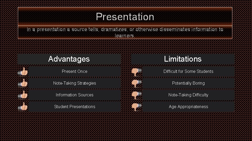 Presentation In a presentation a source tells, dramatizes, or otherwise disseminates information to learners.