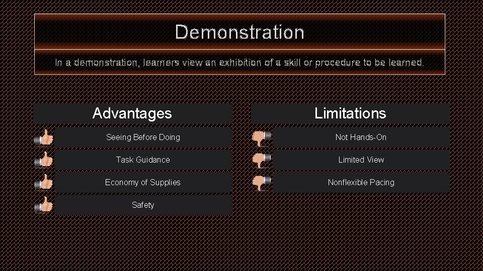 Demonstration In a demonstration, learners view an exhibition of a skill or procedure to