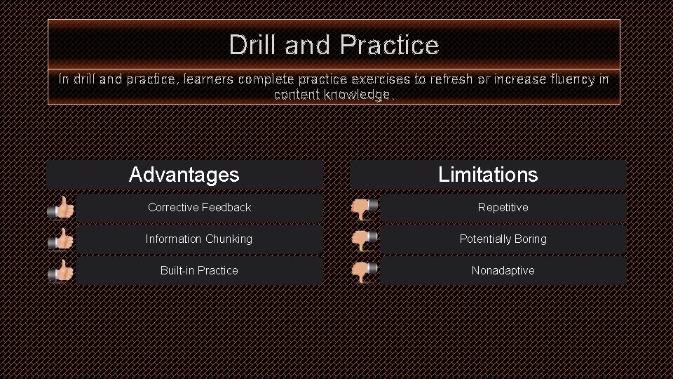 Drill and Practice In drill and practice, learners complete practice exercises to refresh or