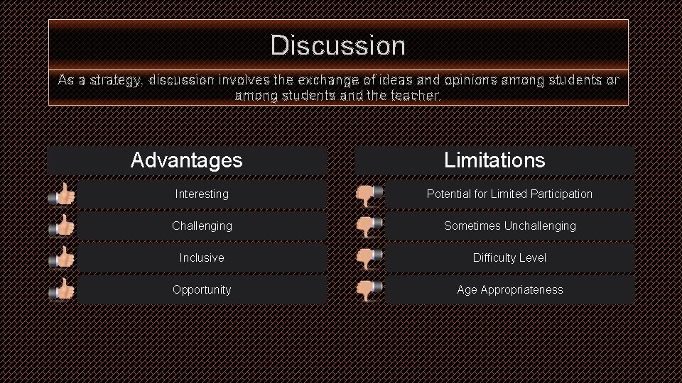 Discussion As a strategy, discussion involves the exchange of ideas and opinions among students