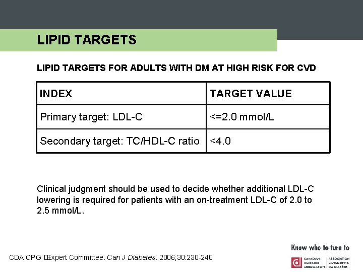 LIPID TARGETS FOR ADULTS WITH DM AT HIGH RISK FOR CVD INDEX TARGET VALUE