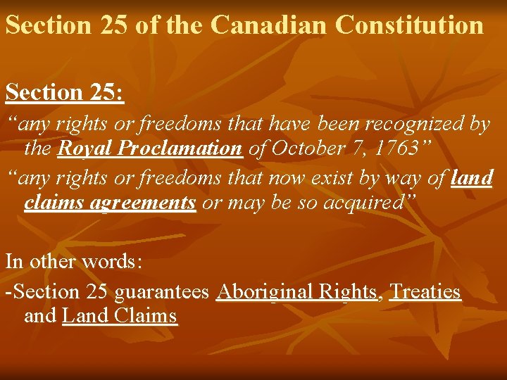 Section 25 of the Canadian Constitution Section 25: “any rights or freedoms that have