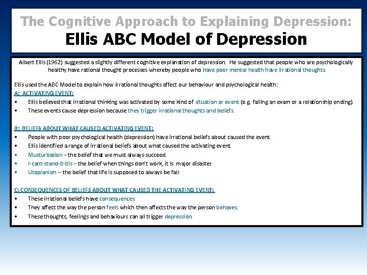 The Cognitive Approach to Explaining Depression: Ellis ABC Model of Depression Albert Ellis (1962)