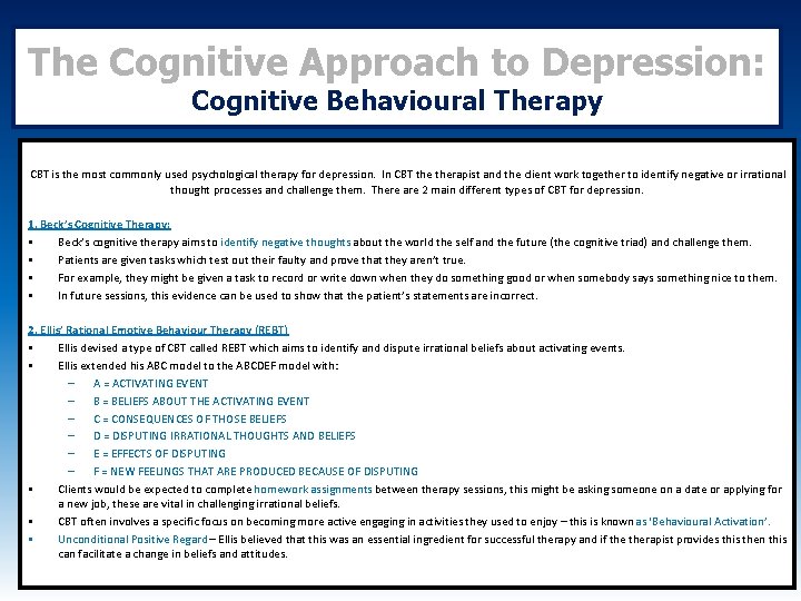 The Cognitive Approach to Depression: Cognitive Behavioural Therapy CBT is the most commonly used