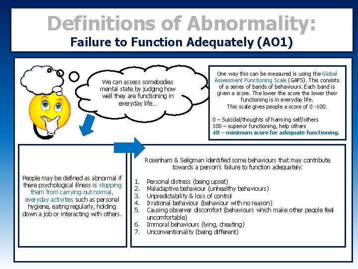 Definitions of Abnormality: Failure to Function Adequately (AO 1) We can assess somebodies mental