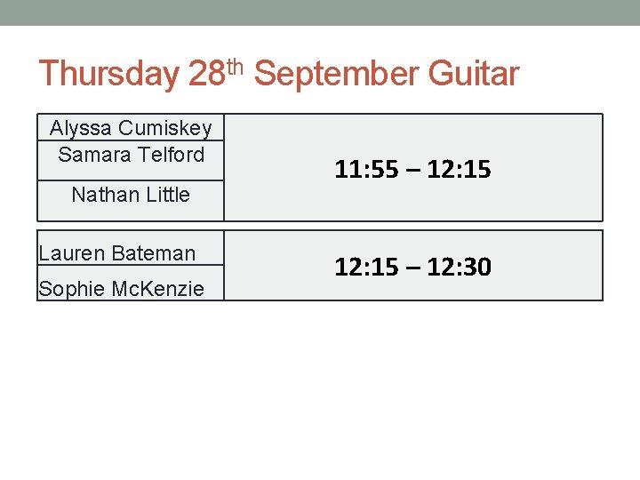 Thursday 28 th September Guitar Alyssa Cumiskey Samara Telford Nathan Little Lauren Bateman Sophie