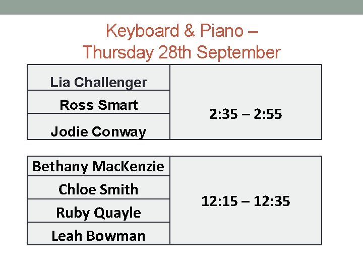 Keyboard & Piano – Thursday 28 th September Lia Challenger Ross Smart 2: 35