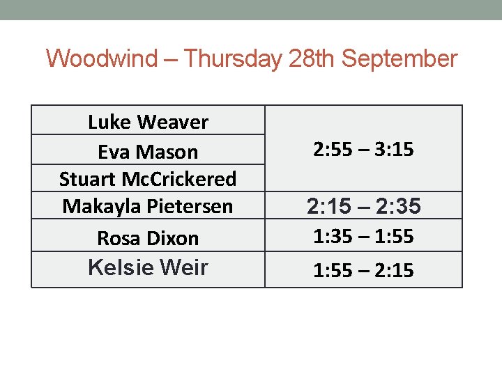 Woodwind – Thursday 28 th September Luke Weaver Eva Mason Stuart Mc. Crickered Makayla