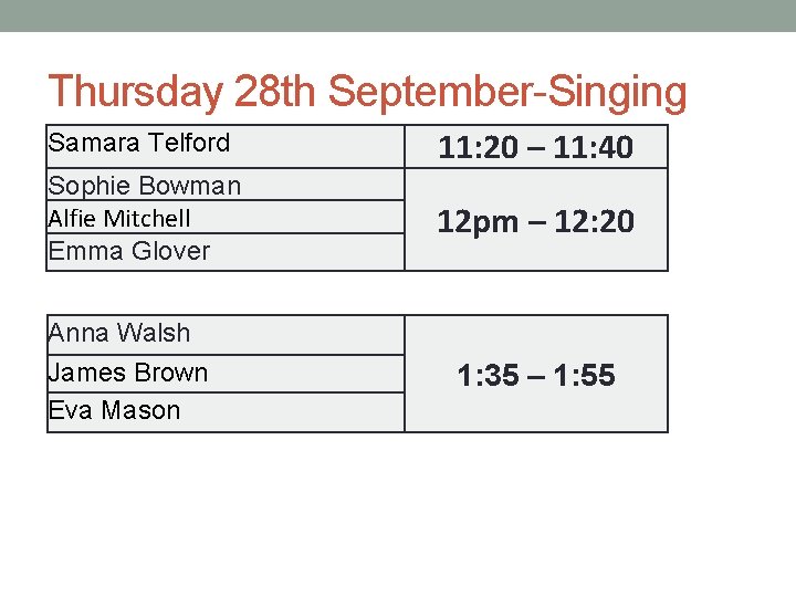 Thursday 28 th September-Singing Samara Telford 11: 20 – 11: 40 Sophie Bowman Alfie