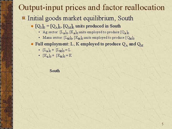 Output-input prices and factor reallocation Initial goods market equilibrium, South [Q 0]S = [QA]0,