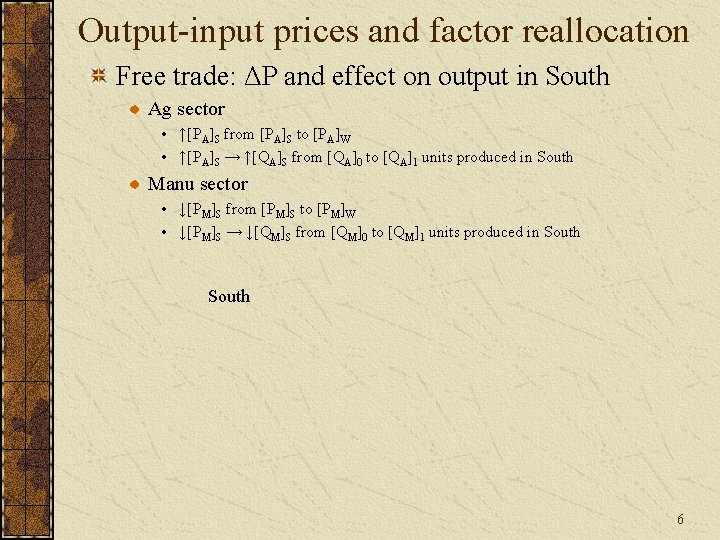 Output-input prices and factor reallocation Free trade: ΔP and effect on output in South