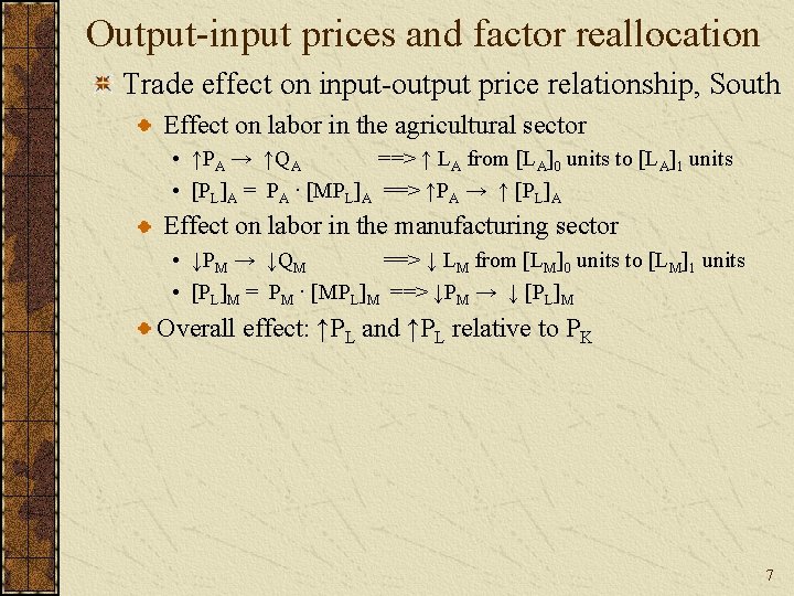 Output-input prices and factor reallocation Trade effect on input-output price relationship, South Effect on