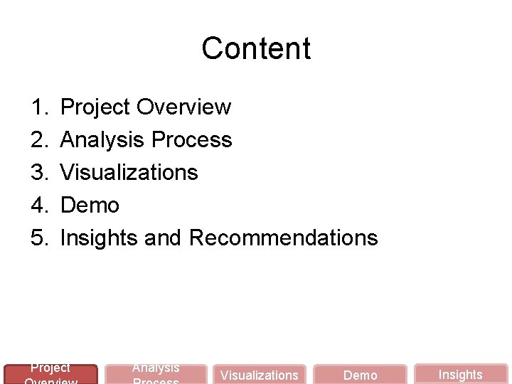 Content 1. 2. 3. 4. 5. Project Overview Analysis Process Visualizations Demo Insights and